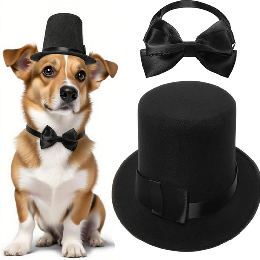 Pet Dog Formal Accessories Set 2Pcs Dogs Top Hat with Bowtie Cat Wedding Tuxedo Necktie Costumes for Puppies Kittens (Black)