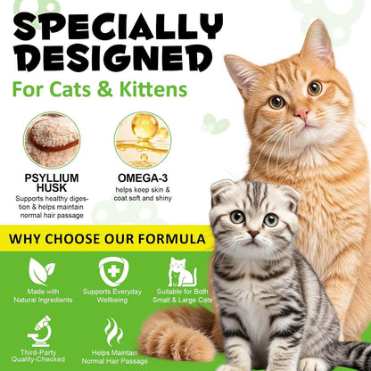 Cat Hairball Support Chews, Crunchy & Soft Chicken Flavor, Hairball Remedy Treat with Psyllium Husk & Omega-3, Supports Healthy Digestion, Skin & Coat, 30-Day Supply
