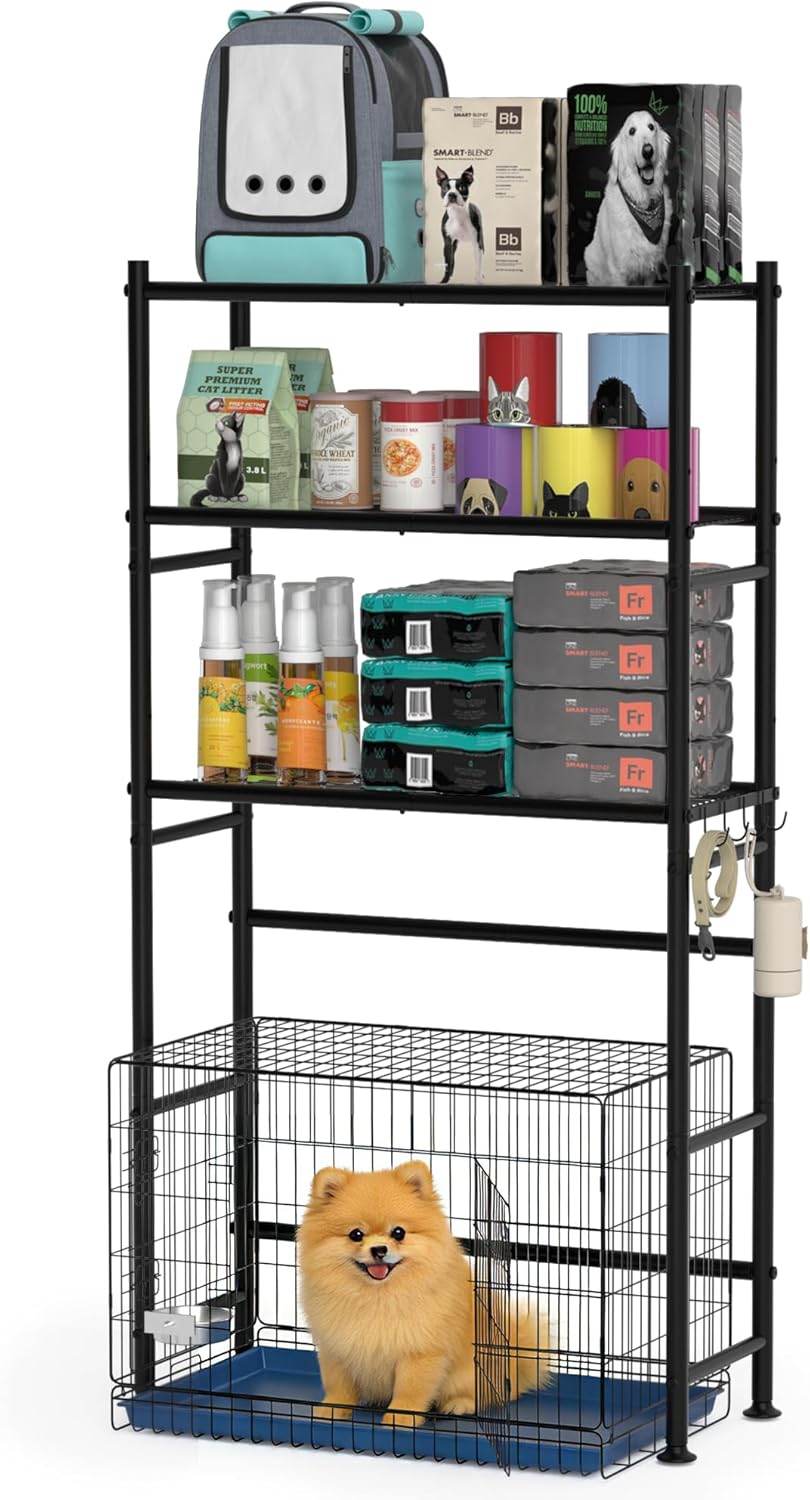 Over The Dog Crate Storage Shelf, 3-Tier Metal Dog Crate Furniture Stand for Most Breed Sizes, Freestanding Above The Cat Litter Box Shelves, Pet Supplies Organizer with Adjustable Feet, Black