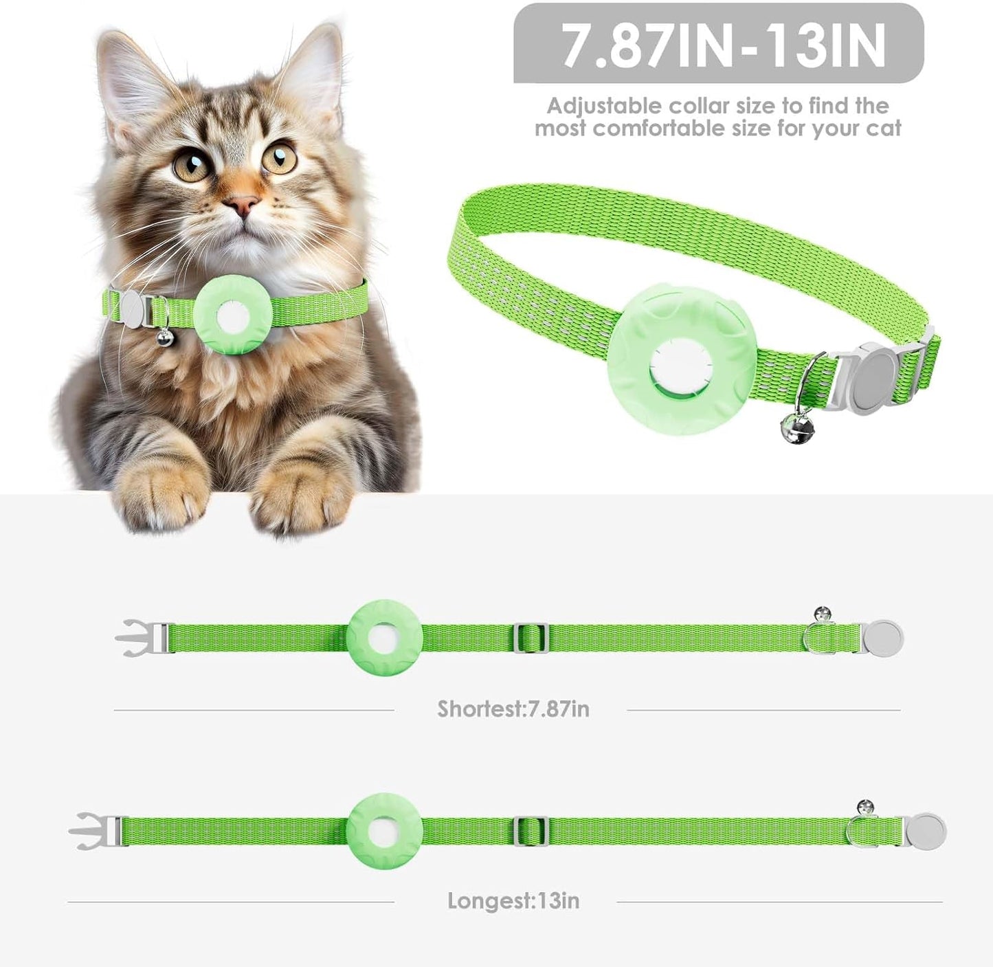 GPS Tracker for Cats, Compatible with Apple Find My App (Only iOS), No Monthly Fee, Waterproof (White Tracker, Green Cat Collar)