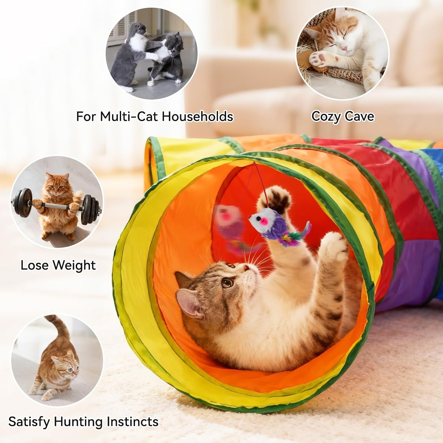 Joytale 5-Way Cat Tunnels for Indoor Cats, Pet Tube Toy with Play Ball and Toy Mouse, Christmas S-Shape Collapsible Tunnel with Interactive Hole for Kitty, Kitten, Rabbit, Puppy (Rainbow)