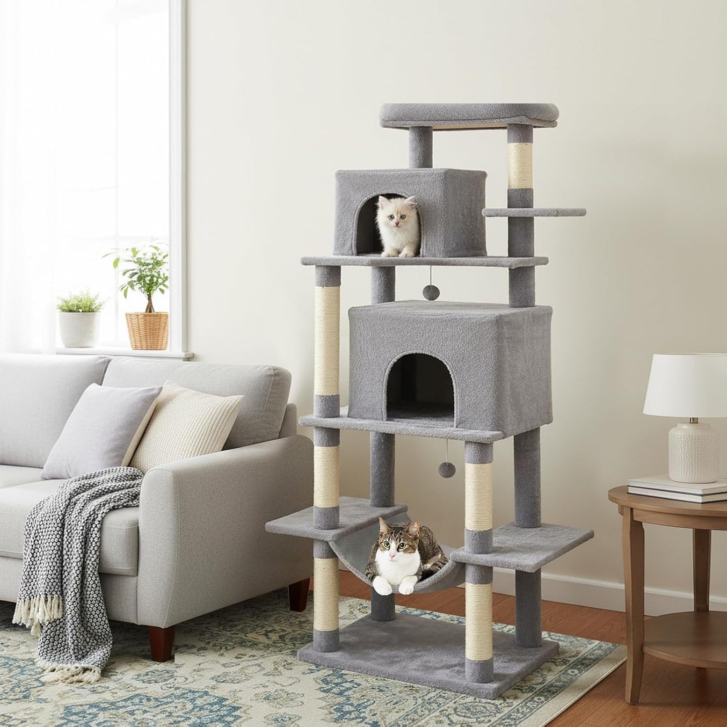Tangkula 70 Inch Tall Cat Tree, Multi-Level Large Cat Tower with Sisal Scratching Posts, Plush Top Perch, 2 Condos, Hammock, 2 Dangling Balls, Cat Tree Tower for Indoor Cats Large Adults (Light Grey)