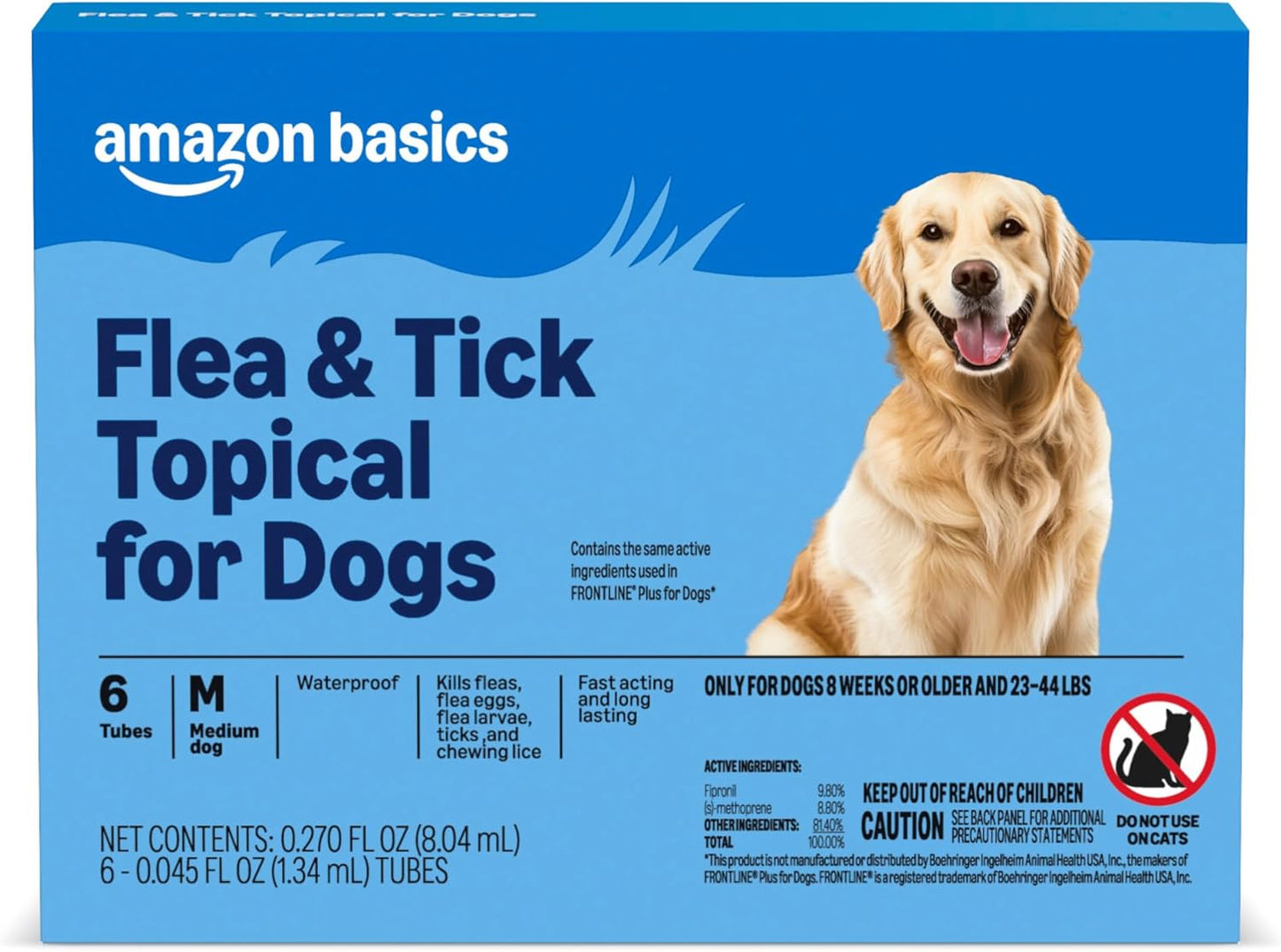 Amazon Basics PreventativeFlea and Tick Topical Treatment for Medium Dogs (23-44 Pounds), 6 Count, Packaging May Vary