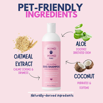 All-in-One Dog Shampoo for Sensitive Skin, Hydrating, Detangling, and Deodorizing Care. All-Natural Ingredients Soothe Itchy Skin. No Parabens Or Harsh Chemicals. Refreshing Scent. Made in USA 16 oz.