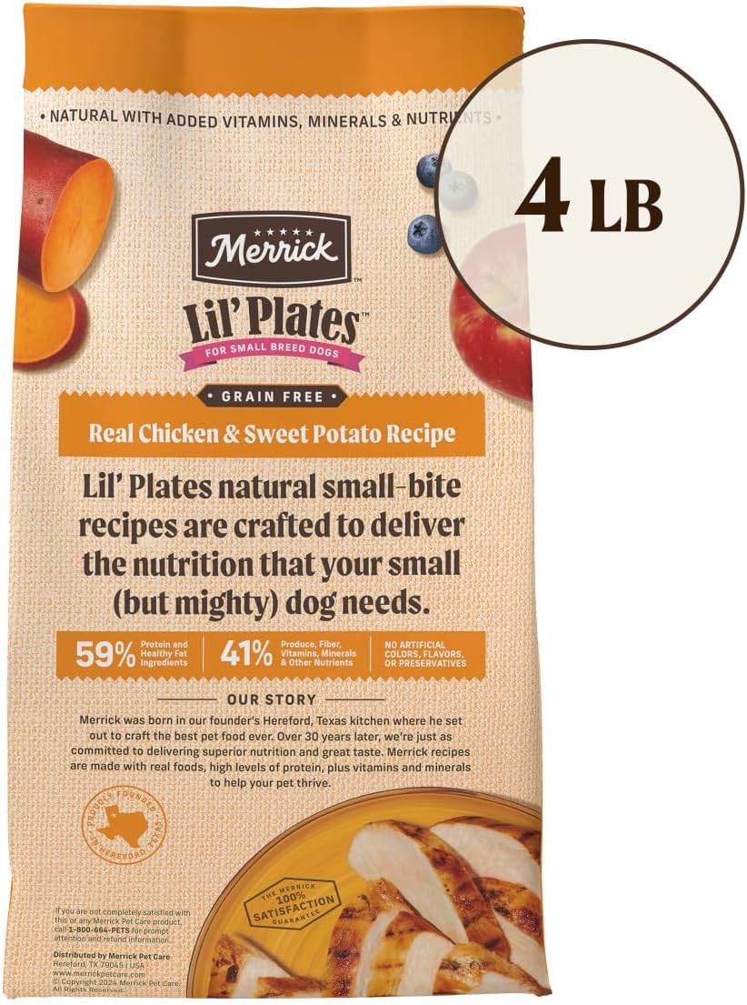 Merrick Lil’ Plates Premium Grain Free Dry Dog Food For Small Dogs, Real Chicken And Sweet Potato Kibble - 4.0 lb. Bag