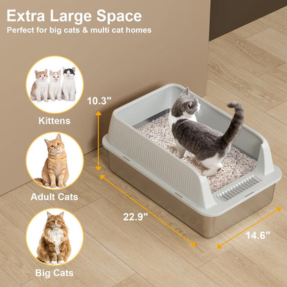 TENTIZON 2 Pack Stainless Steel Cat Litter Box with Lid, Open Top Large Metal Kitty Litter Pan with High Side, Litter Mat, Scoop for Kitten, Multi-Cats Home, Odor Control, Leak Proof, Easy Clean