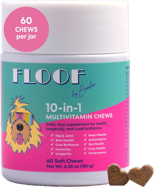 Floof by Brodie 10-in-1 Multivitamin Supplement: Dog and Puppy Vitamin with Joint Health Support MSM and Glucosamine HCL, Heart Health Coenzyme Q10, Probiotics, Collagen, Biotin - 60 Chews (6.35 oz)