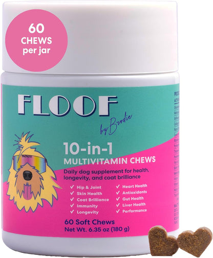 Floof by Brodie 10-in-1 Multivitamin Supplement: Dog and Puppy Vitamin with Joint Health Support MSM and Glucosamine HCL, Heart Health Coenzyme Q10, Probiotics, Collagen, Biotin - 60 Chews (6.35 oz)