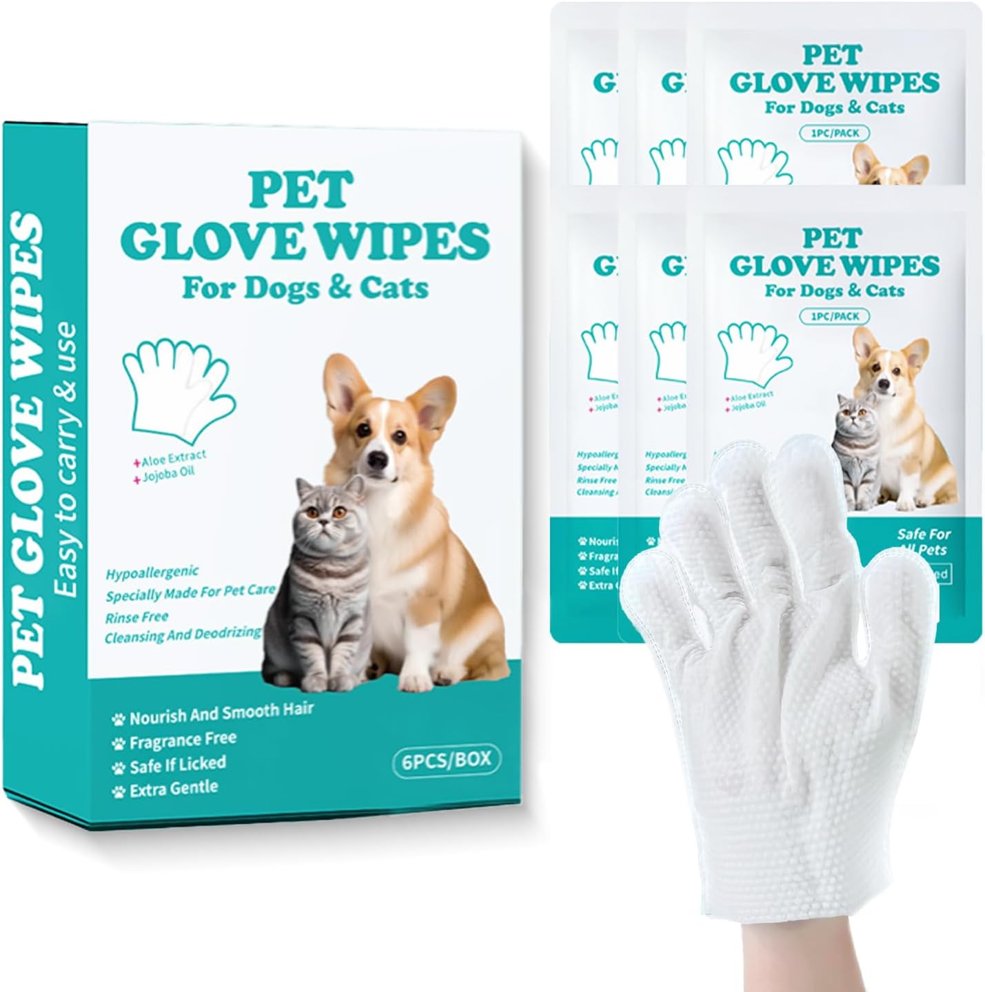 Pet Grooming Glove Wipes, 6-Pack (Individually Wrapped) - Disposable & Rinse-Free for Dogs and Cats, Unscented & Hypoallergenic - Thickened, Moisture-Rich Wipes for Cleaning, Deodorizing & Travel