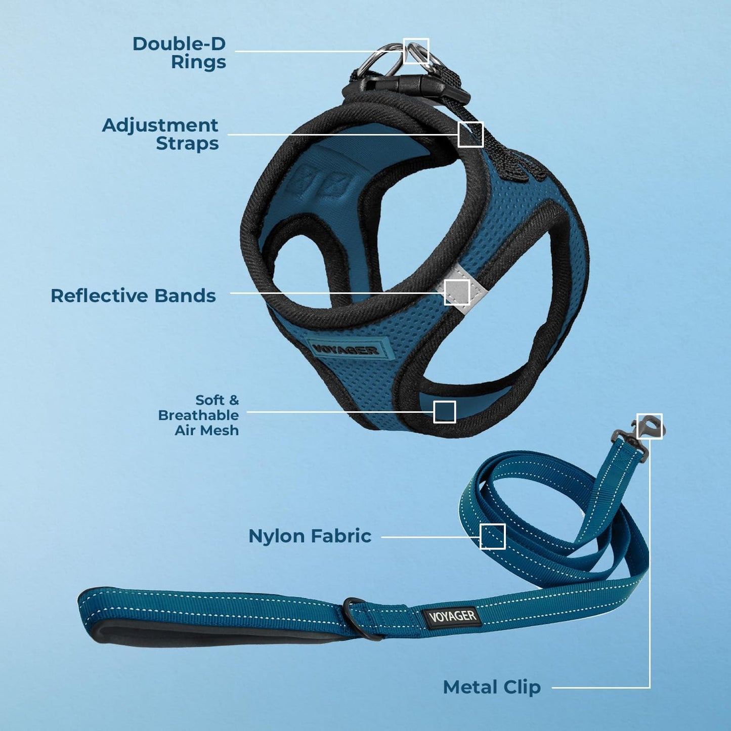 Voyager Step-in Air All Weather Mesh Harness and Reflective Dog 5 ft Leash Combo with Neoprene Handle, for Small, Medium and Large Breed Puppies by Best Pet Supplies - Blue/Black Trim, XXX-Small