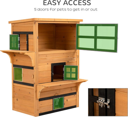 PawHut 3-Story Cat House Feral Cat Shelter, Outdoor Kitten Condo with Raised Floor, Asphalt Roof, Escape Doors, Jumping Platforms, Yellow