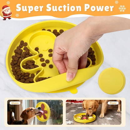 2 in 1 Slow Feeder Dog Bowls with Suction Cups,Silicone Lick Mat for Dogs-DIY Wet Food & Dishwasher Safe, Slow Feeder Bowl for Cats Dog, Lemon, Spatula+UU Bowl+Divided Lick Pad
