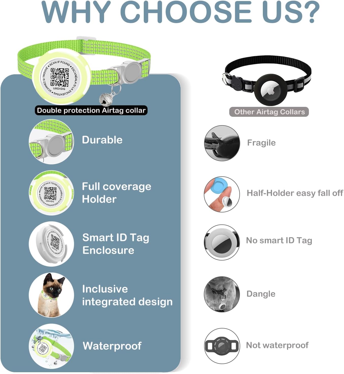 Waterproof Airtag Cat Collar, Lightweight Breakaway Cat Airtag Collar with QR ID Tag & Reflective for Apple Air tag, Hidden GPS Tracker Holder with QR Code Pet Name Tag for Cats, Kittens (9-13inch)