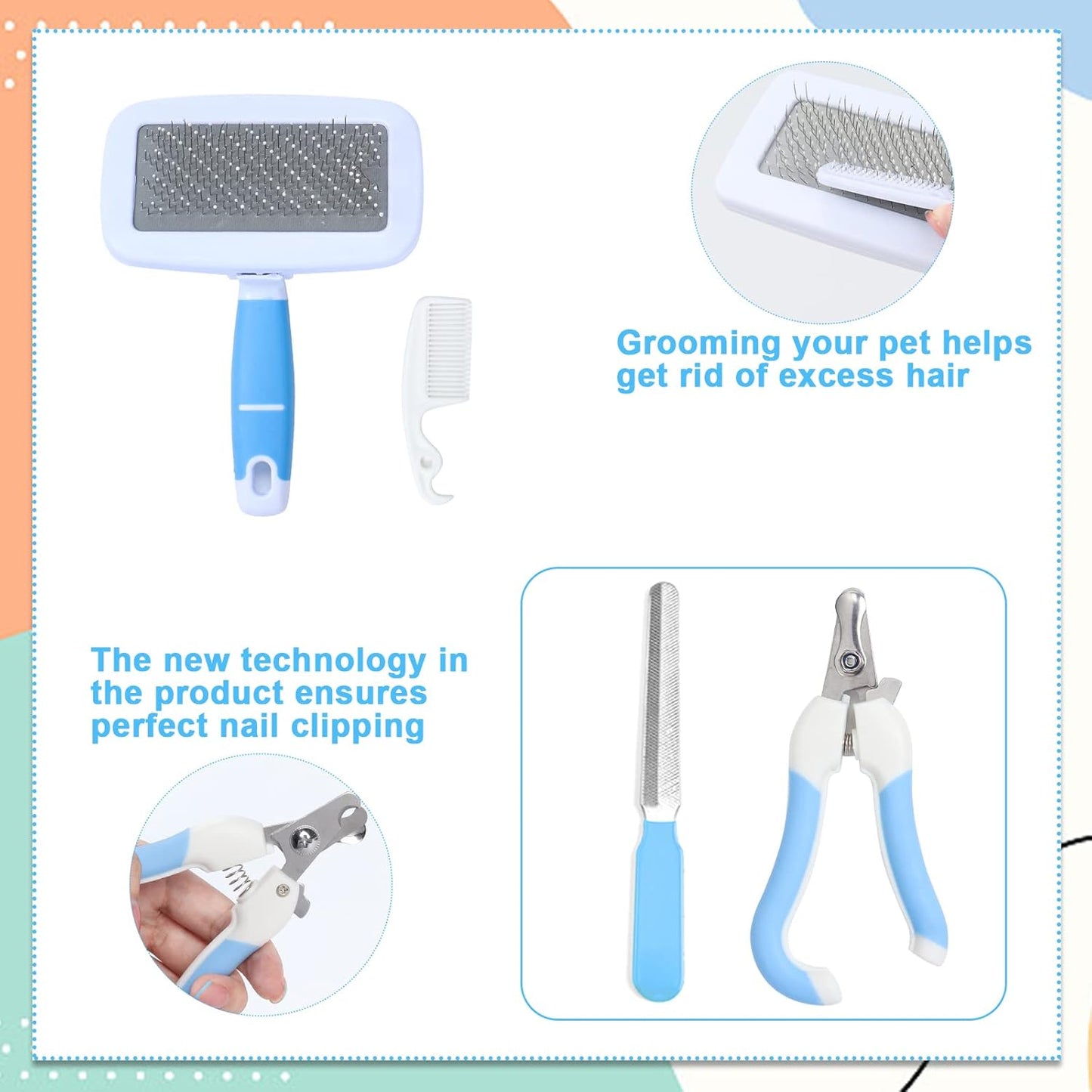 VCZONE Small Animal Grooming Set: Pet Nail Clipper & File, Flea Comb, Shampoo Brush, Shedding Slicker Brush, Massage Glove, Cleaning Comb (Blue)