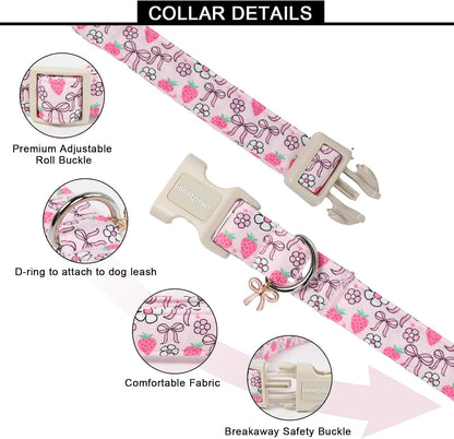 Lionet Paws Spring Dog Collar- Cute Strawberry Pink Dogs Collar with Plastic Buckle and Bowtie Pendant,Dog Collar for Medium Large Dogs