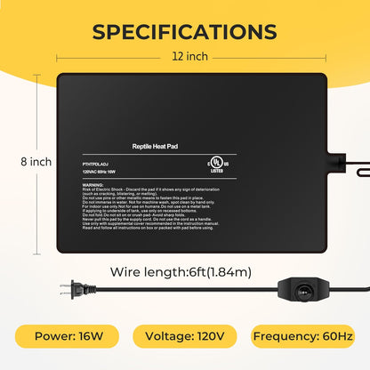 8x12 Inch Reptile Heating Pad with Temperature Controller Waterproof Under Tank Adjustable Terrarium Heat Mats for Reptiles, Amphibians & Small Pets, 2 Pack