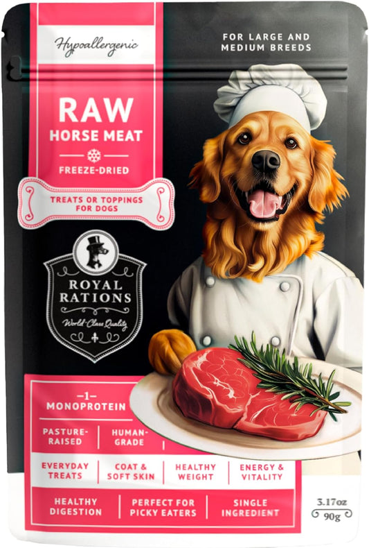 Freeze Dried Raw Dog Food, 100% Horse Meat, Allergy Relief, Monoprotein, Training Treats or Toppings, Single Ingredient, All Natural, for Puppies, Adults and Seniors, 3.17 oz Bag