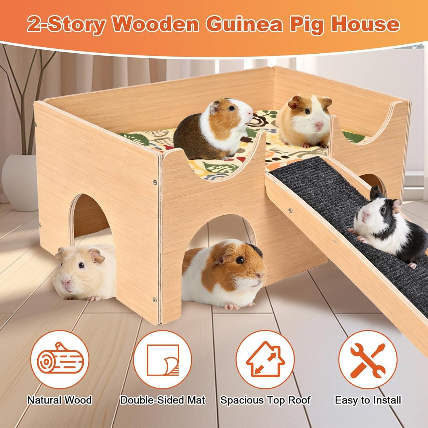 Wooden Guinea Pig Hideout, Multi-Cave Design Small Animal House, Guinea Pig Castle with Non-Slip Stairs and Double-Sided Mat