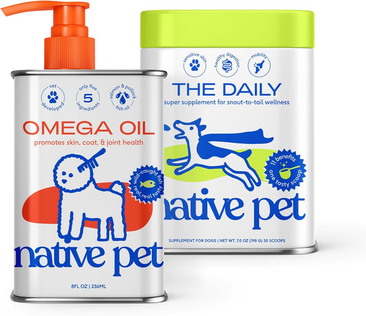 Native Pet Pack Leaders Bundle - Daily Dog Multivitamin (7 oz.) & Omega Oil for Dogs (8 oz.) - Omega 3 Fish Oil for Healthy Skin, Shiny Coat, & Strong Joints & Daily Multivitamin for Pups