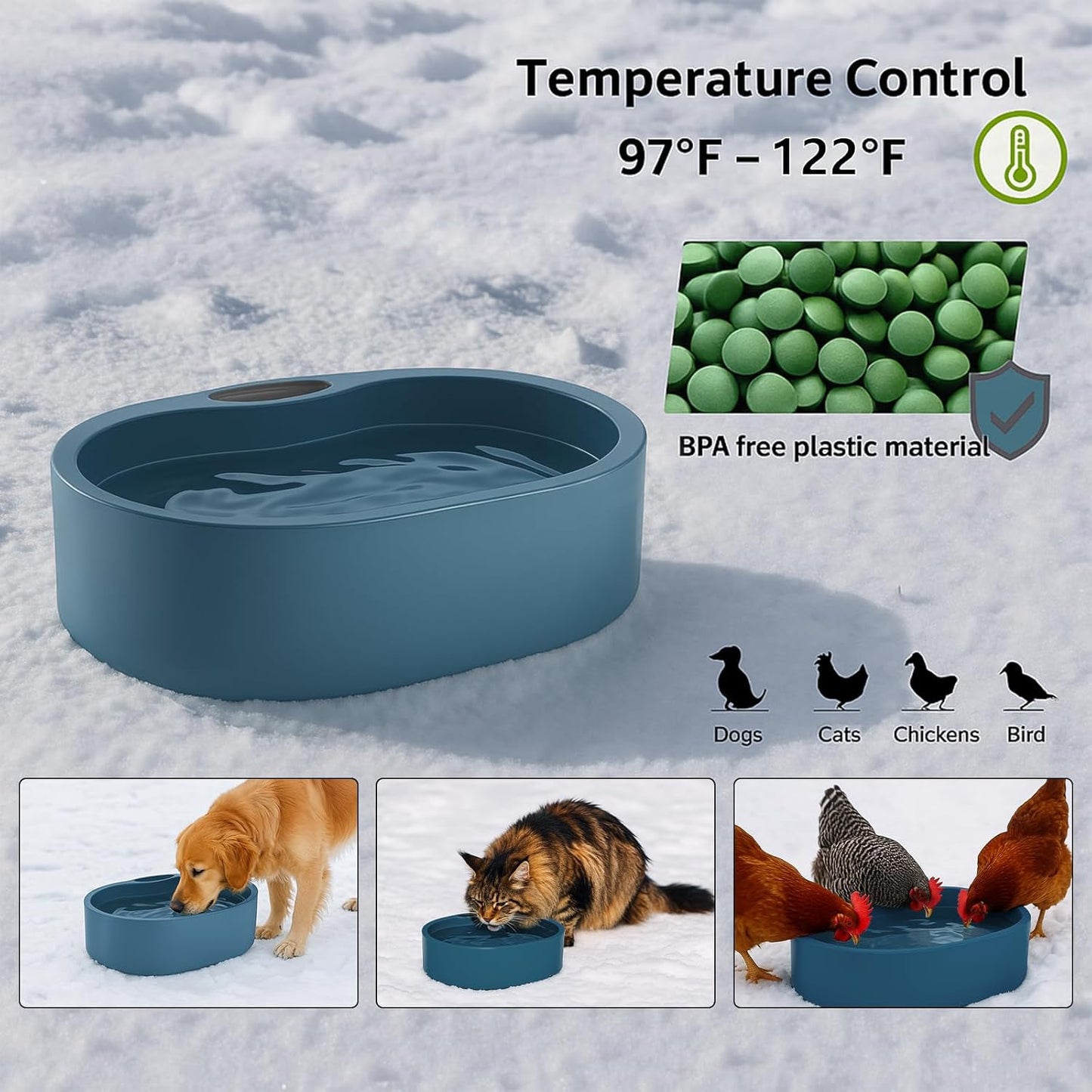 Large Heated Water Bowl for Dog & Cat, Outdoor Heated Dog Bowl with Chew Resistant Power Cord, Waterproof Heated Pet Bowl Smart Thermal-Dish in Winter for Dog Cat Chicken Birds, 125 OZ UL Certified