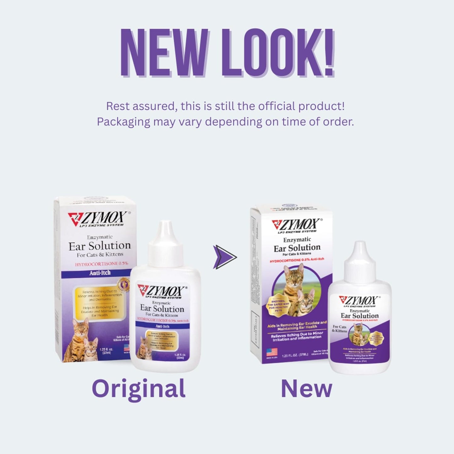 Zymox Enzymatic Ear Solution with 0.5% Hydrocortisone for Cats & Kittens, 1.25 oz. – Cleans & Refreshes Ear Canal for Relief from Wax, Dirt Buildup, Itchiness, Irritation, Inflammation & Redness