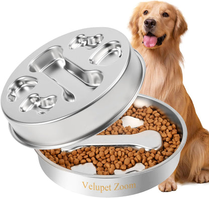 Slow Feeder Dog Bowls,Non-Slip Base Stainless Steel Pet Food Bowls,2 Cups Metal Dog Slow Feeder Bowl for Large Medium Breed,Double-Sided