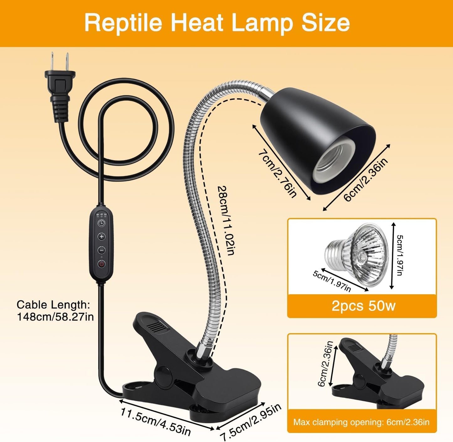 Reptile Heat Lamp, Turtle Heater Light with 2Pcs UVA UVB Bulb, 360° Rotatable Turtle Tank Basking Light with Clamp and Cycle Timer, Heat Lamp for Turtle Lizard Snake Amphibians