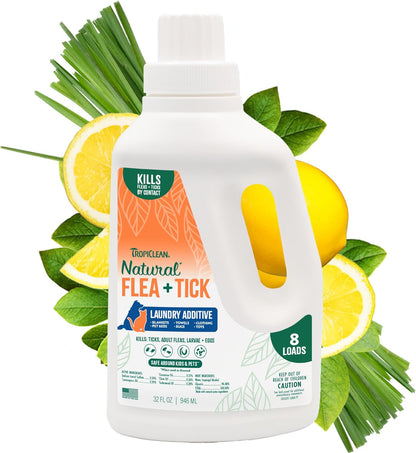 TropiClean Flea and Tick Laundry Additive, Laundry Detergent Booster, Safe for Dogs, Cats, & Home, Powerful Treatment Laundry Addition, 32oz