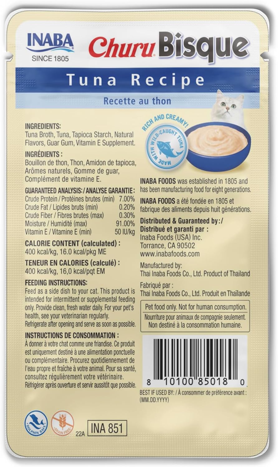 INABA Churu Bisque for Cats, Creamy Lickable Purée Side Dish with Vitamin E, 1.4 Ounces per Pouch, 12 Pouches, Tuna Recipe (Pack of 2)