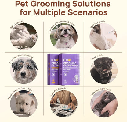 HICC PET Glove Wipes Pro | Pet Grooming Wipes for Dogs & Cats | Dual-Textured, Extra Thick, Rinse-Free Mittens | 4-in-1 Cleaning Combing Massage Conditioning, Portable Pack - Unscented