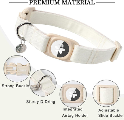 DOGWONG Airtag Cotton Hemp Dog Collar, Heavy-Duty Dog Collar with Airtag Holder White Natural Fabric Pet Cute Puppy Necklace for Small Medium Large Dogs