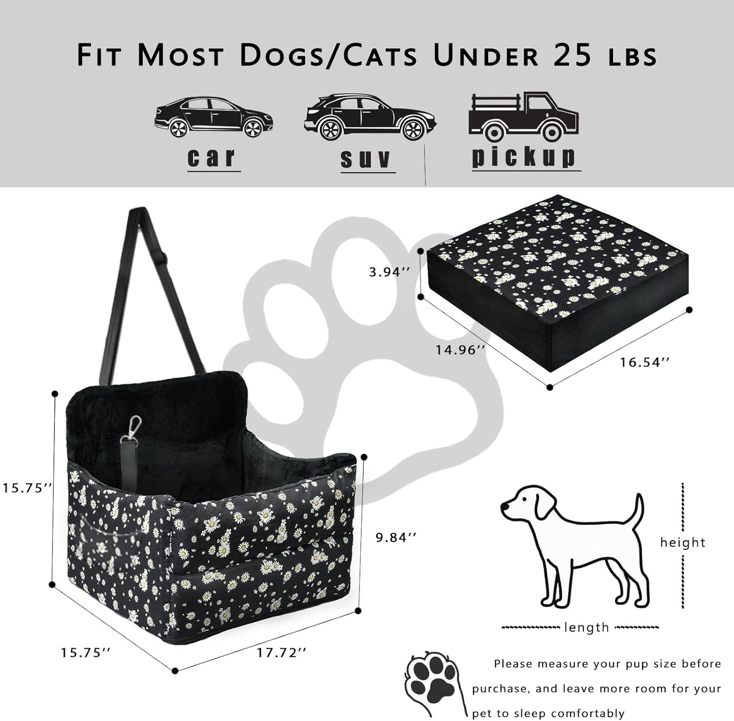 Cullaby Dog Booster Car Seat for Road Trips Elevated Seat for Small/Medium Dogs up to 25 lbs, Memory Foam Seat with Detachable Washable Cover, Safe Bed for Cars with Safety Belts and Storage Pockets