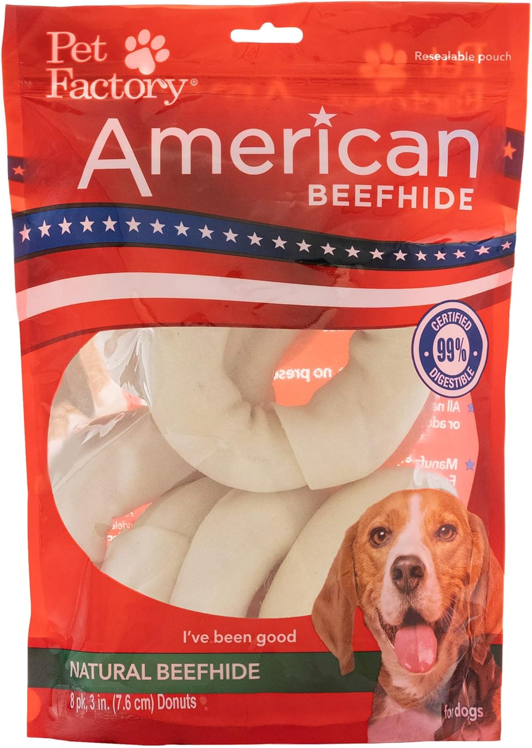 Pet Factory American Beefhide 3-4" Donuts Dog Chew Treats - Natural Flavor, 8 Count/1 Pack