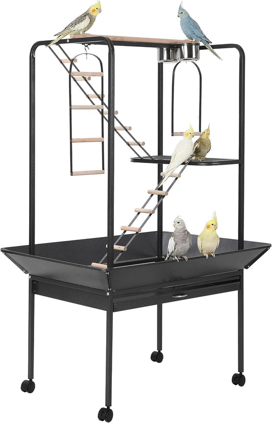 Pet Products Parrot Playstand with Wheels, Bird Cage Stand Activity Play Center with Perches and Ladders, Indoor Outdoor Playground for Birds, Durable Black Hammertone Finish