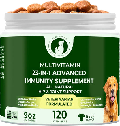 23-in-1 Multivitamin for Dogs – Soft Chews with Glucosamine, Chondroitin, MSM, Probiotics, Cranberry, Biotin, Zinc, Salmon Oil, Vitamins B, C, E – Hip & Joint, Skin, Digestive & Immune Support