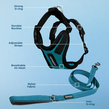 Best Pet Supplies Voyager Step-in Lock Pet Harness w Reflective Pet Leash Combo Set with Neoprene Handle 5ft - Supports Small, Medium and Large Breed Puppies/Cats - Turquoise/Black Trim Set, XL