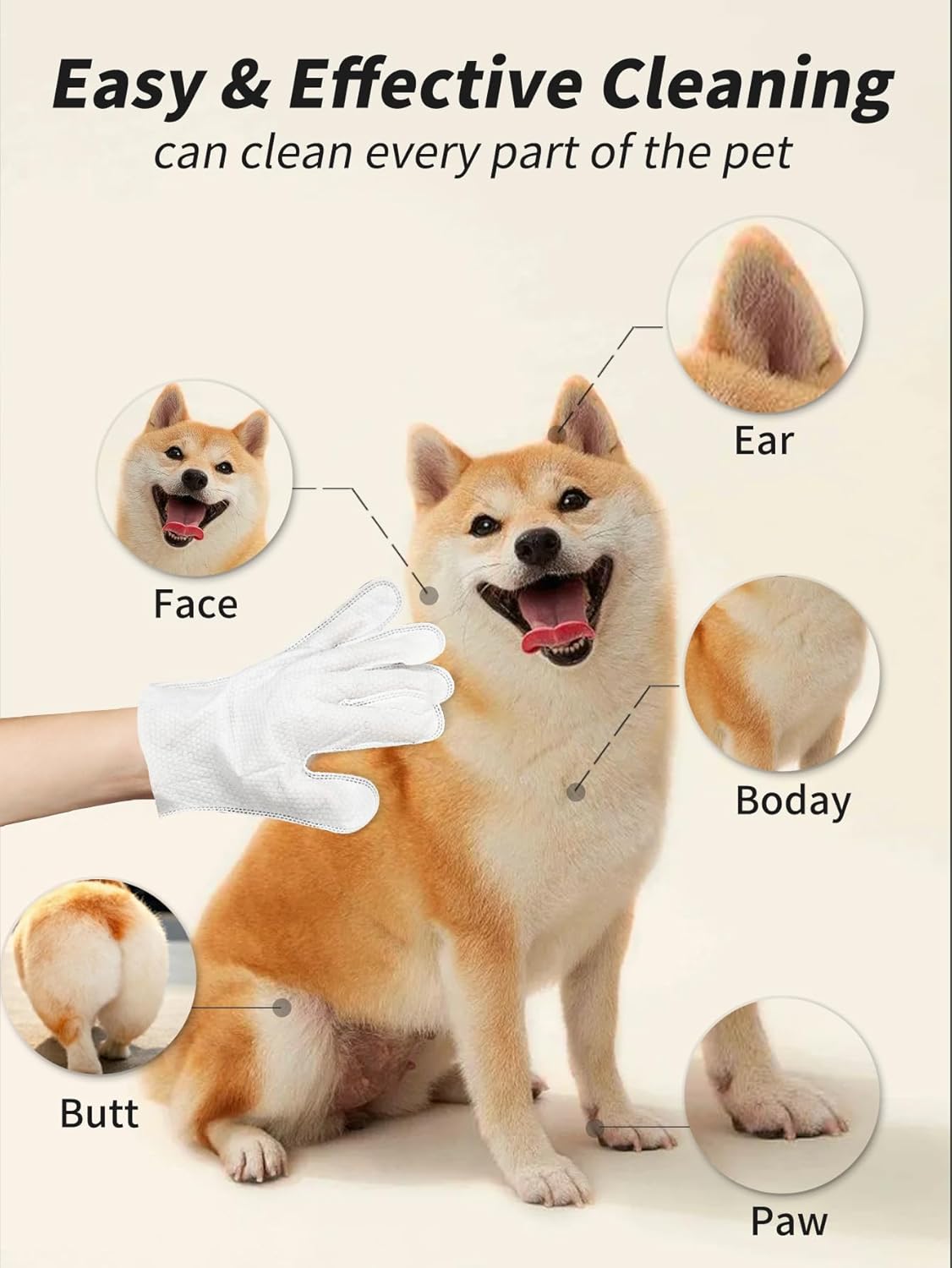 Pet Glove Wipe for Dogs & Cats, Hypoallergenic, Rinse Free, Cleansing and Deodorizing, Cat & Dog Wipes for Paws and Butt, 6 PCS/Pack (2Pack)