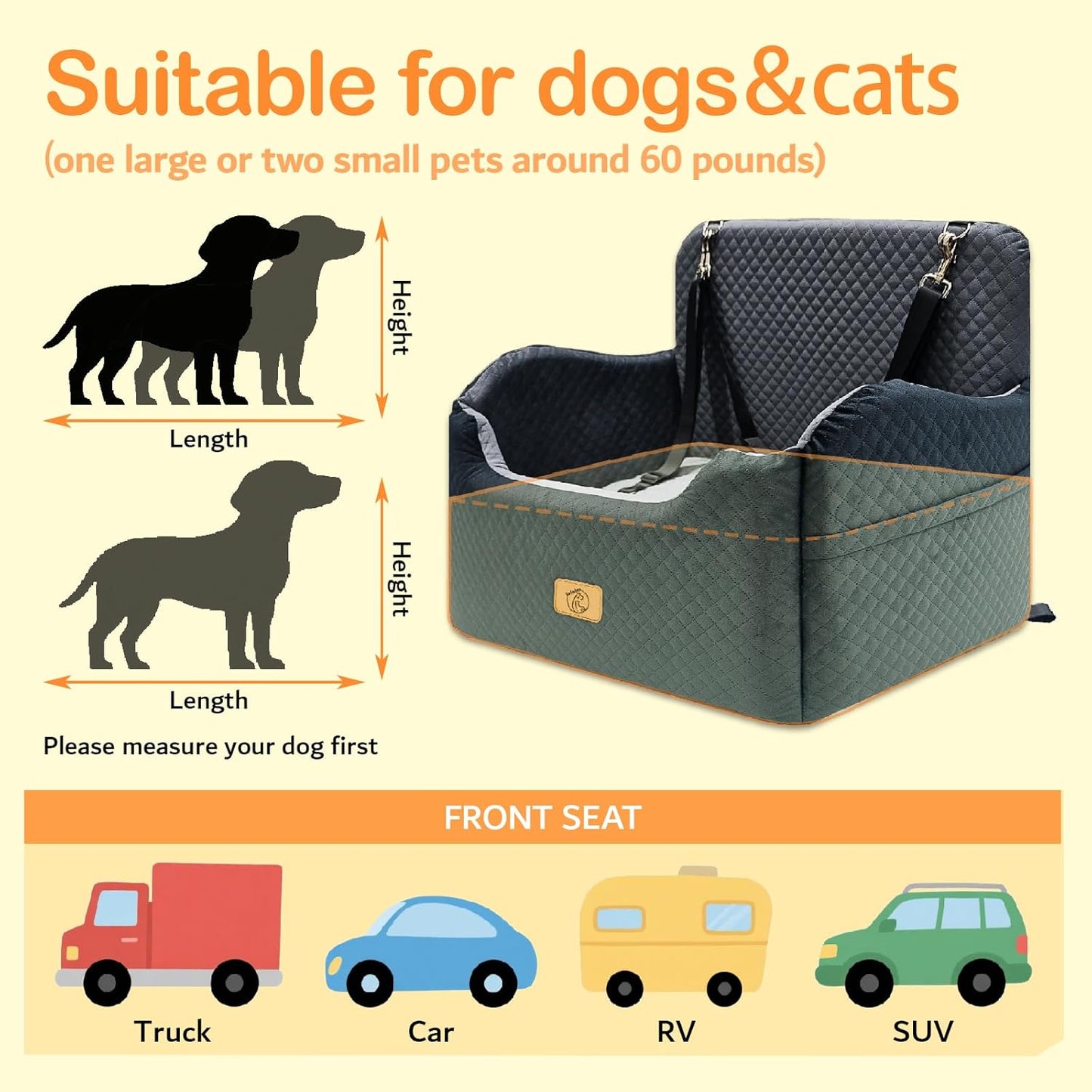 Thick High-Density Sponge Large Dog Car Seat, Comfortable Booster Seats for Large Dogs Under 65lbs,Travel Pet Beds in-Vehicle, Detachable and Washable Car Bed for Pets with 2 Adjustable Seatbelt