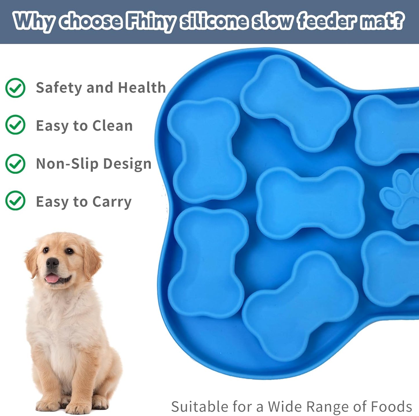 Fhiny Silicone Snuffle Mat for Dogs, Dog Puzzle Feeder Lick Mat with Suction Cups Puppy Slow Feeder Bowl for Dry and Wet Food Interactive Smell Training Encourages Natural Foraging Skill(Blue)