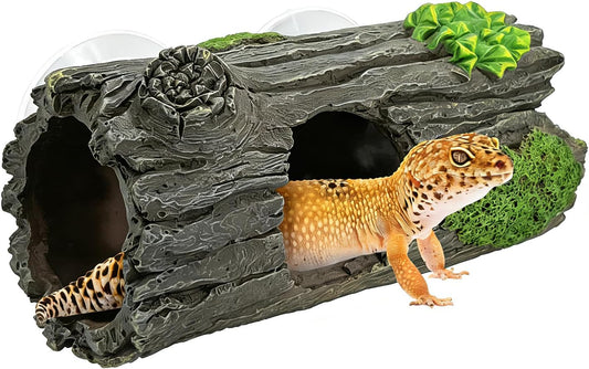 Reptile Hide, Resin Hollow Log Cave with Two Strong Suction Cups,Gecko Tank Accessories Climbing Toy– Climbing Decoration and Hideout for Lizards, Geckos, Snakes, Hermit Crabs, and Frogs