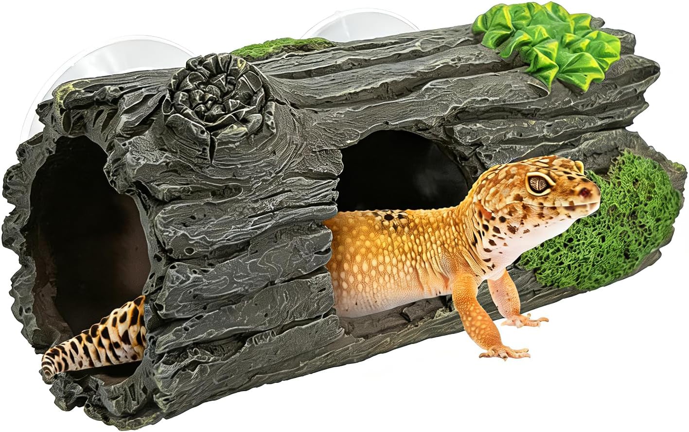Reptile Hide, Resin Hollow Log Cave with Two Strong Suction Cups,Gecko Tank Accessories Climbing Toy– Climbing Decoration and Hideout for Lizards, Geckos, Snakes, Hermit Crabs, and Frogs