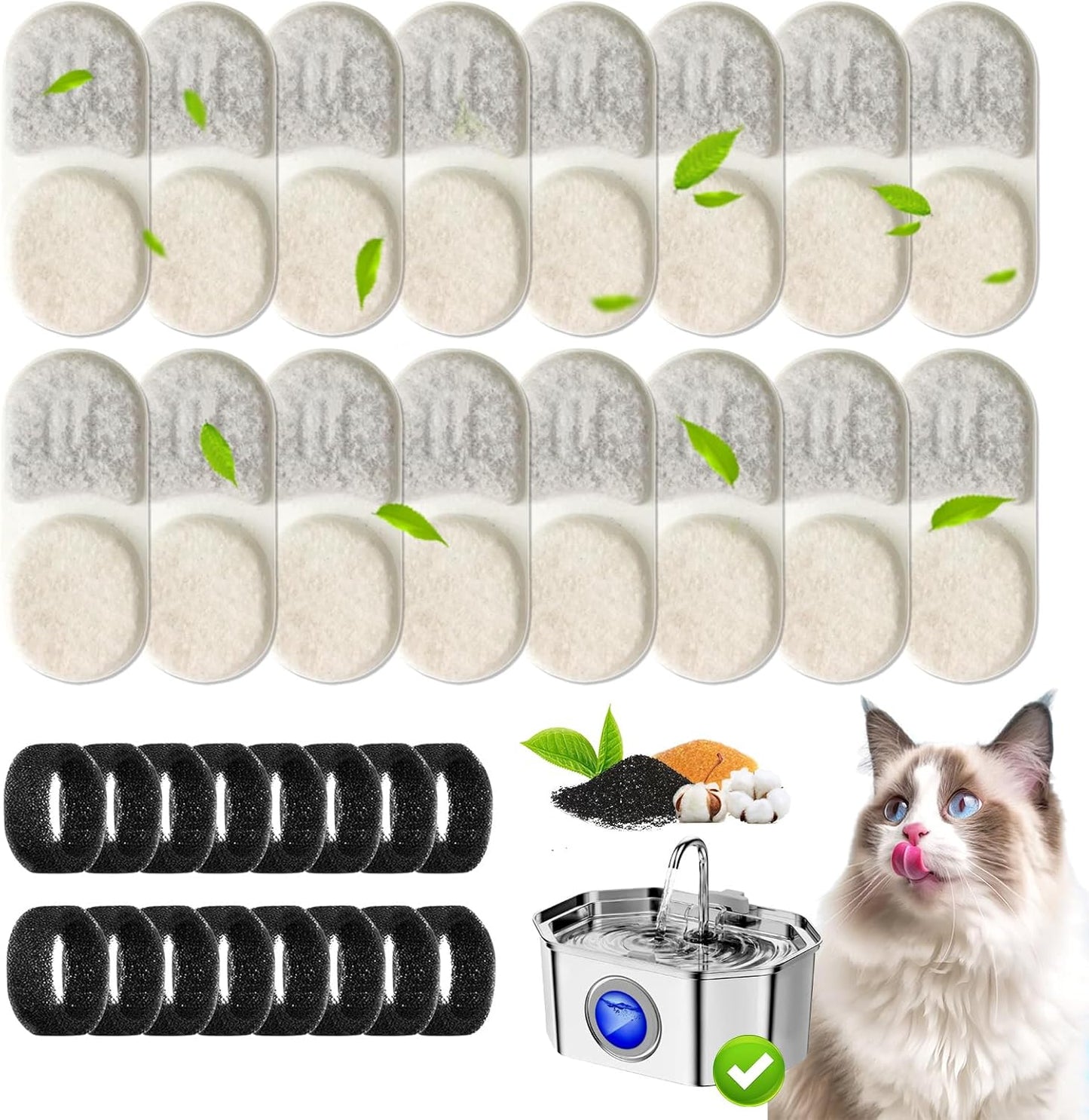 16+16 Pack Replacement Filters for APAUK Cat Water Fountain Stainless Steel 108oz/3.2L, 6 Month Set for Dog Water Dispenser, Includes 16 Filters & 16 Sponges