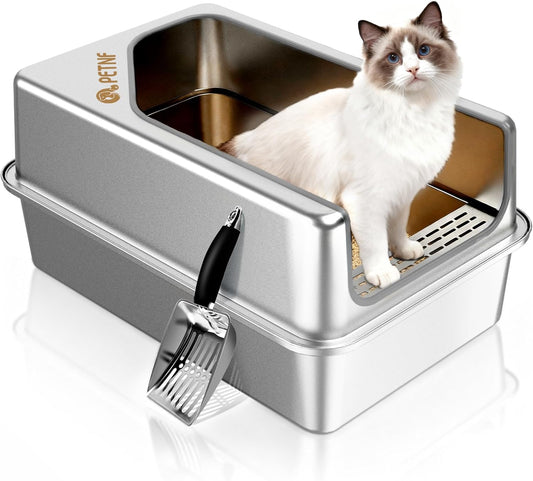 PETNF All Stainless Steel Cat Litter Box, High Sided Large Metal Litter Box - Leak-Proof, Anti-Litter Tracking, Easy Clean for Big Cats, Multi-Cat Households, 24" L x 18" W x 12" H (1 Pack)