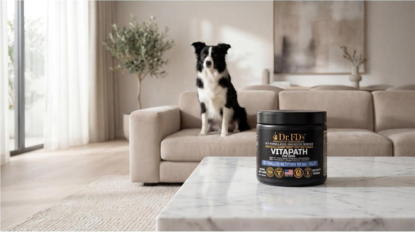 Dr. FD’s VitaPath – Daily Multivitamin for Dogs | Vitamins, Antioxidants & Omegas for Skin, Coat, Immune & Metabolic Health | Natural Beef Flavor | 120 Soft Chews