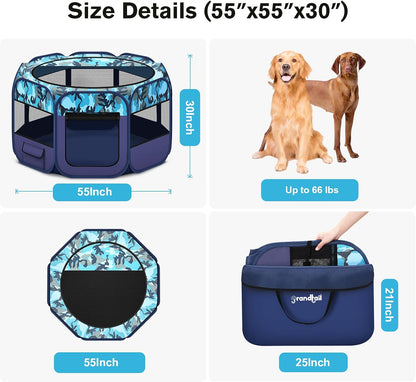 Dog Playpen, Pet Playpen, Portable Cat Playpen, Foldable Puppy Playpen Exercise Kennel Tent with Carry Case Collapsible Bowl,Water-Resistant Shade Cover for Indoor Outdoor Travel （Bule,Medium