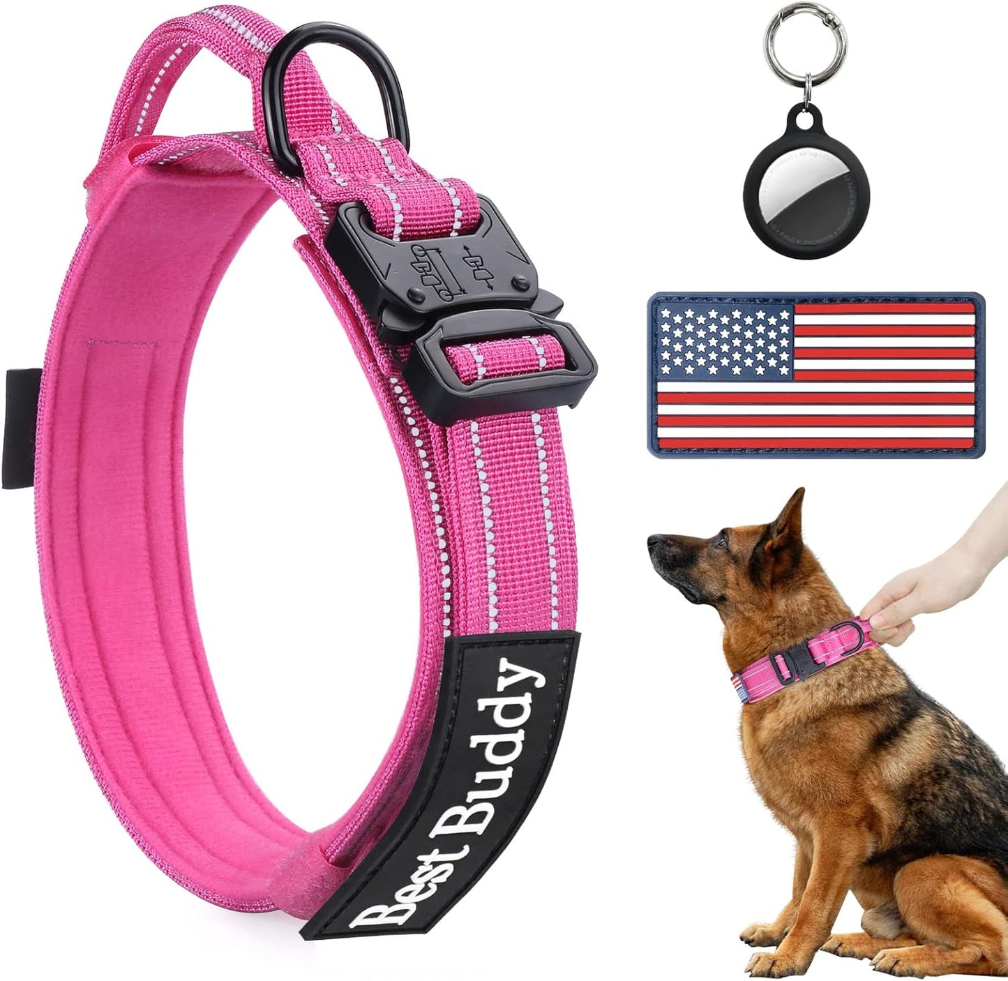 AUBELL Reflective Tactical Dog Collar,Adjustable Military Heavy Duty K9 Collars with Handle and Quick Release Metal Buckle Great for Large Dogs, with Airtag Case and 2 Patches (Pink,L)
