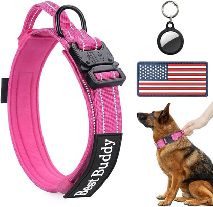 AUBELL Reflective Tactical Dog Collar,Adjustable Military Heavy Duty K9 Collars with Handle and Quick Release Metal Buckle Great for Large Dogs, with Airtag Case and 2 Patches (Pink,L)