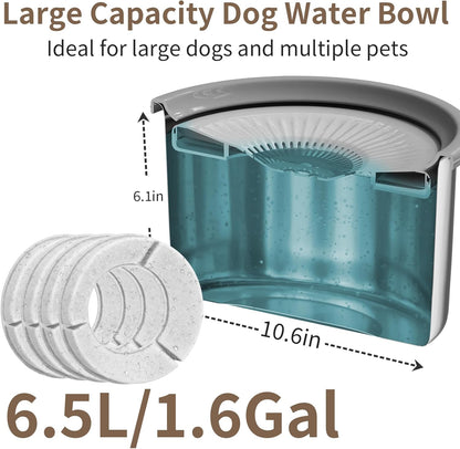 6.5L Dog Water Bowl No Spill with 4 Pcs Filters 1.6 Gallon Stainless Steel Water Bowl for Dogs 220oz Large Capacity No Splash Slow Drinking Feeder with Anti-Slip Mat for Messy Drinkers