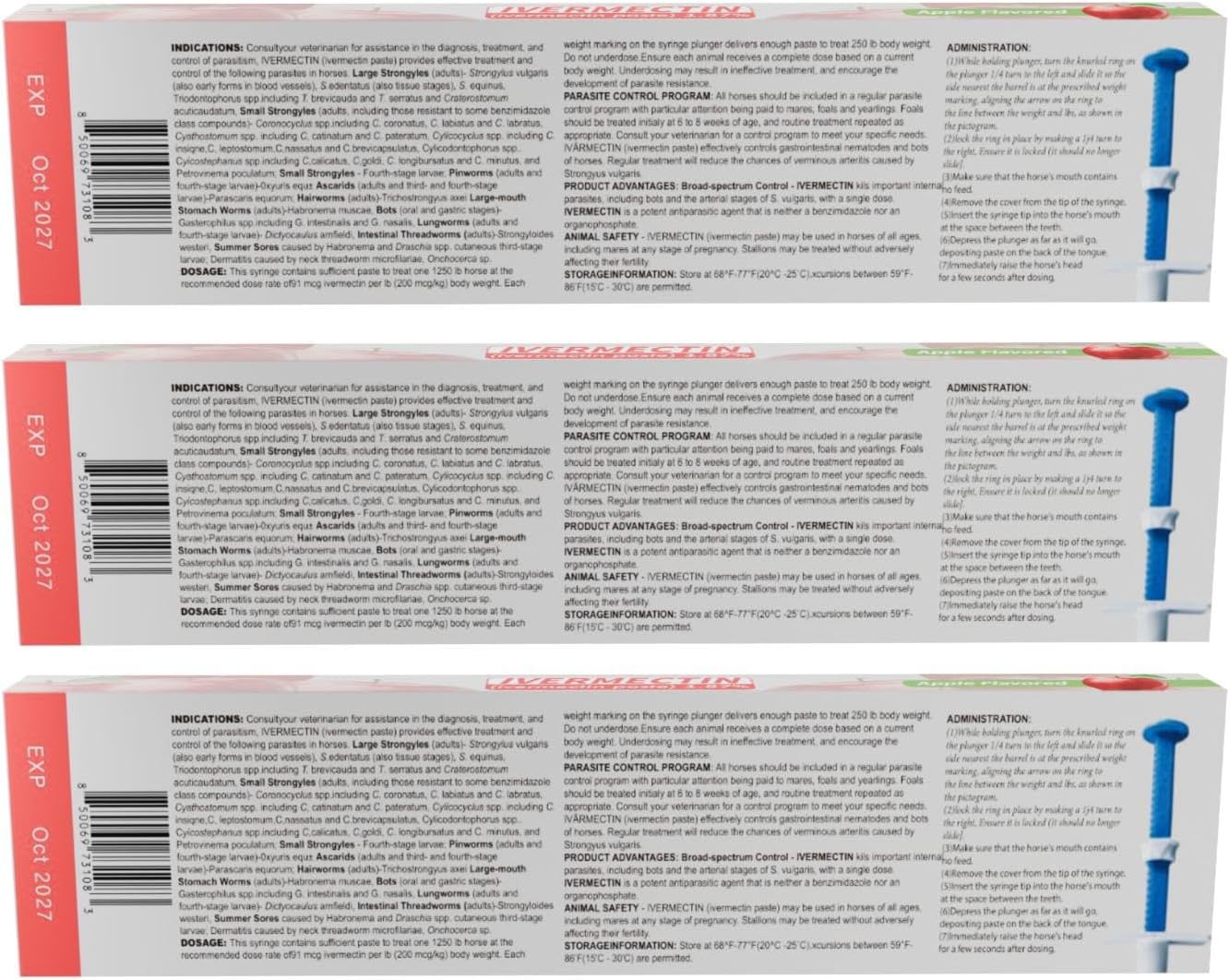 Ivermectin Horse Paste 1.87% – Apple Flavored – 6.08g Tube – for Horses Up to 1250 lb