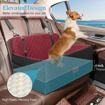 Dog Car Seat for Medium/Large Dogs, Pet Booster Seat for Under 55 lbs or 2 Small Dogs, Detachable & Washable Dog Car Bed for Backseat with 2 Safety Leashes (Blcak/red)